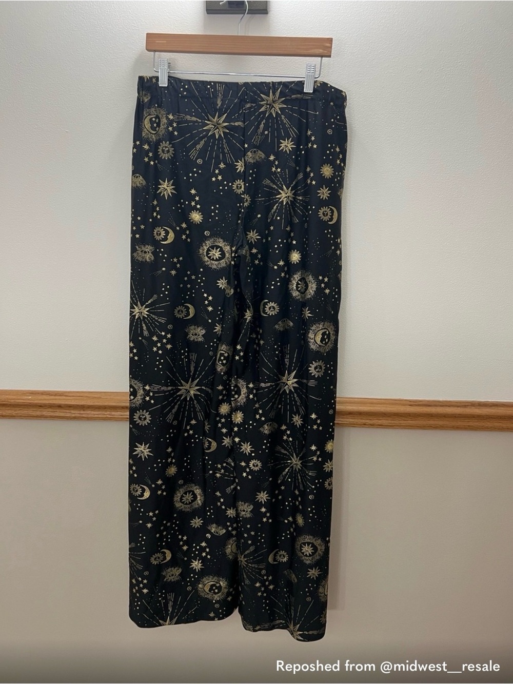 NWOT- Wide Leg Palazzo Pants with Gold Celestial Print - Black